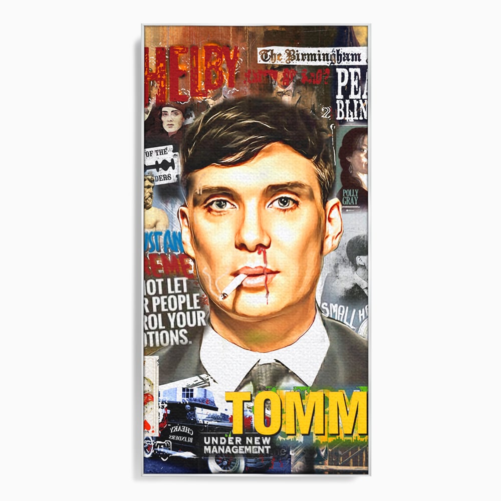Tablou canvas cu tablou canvas cu portretul lui tommy shelby, in rama de aluminiu argintiu